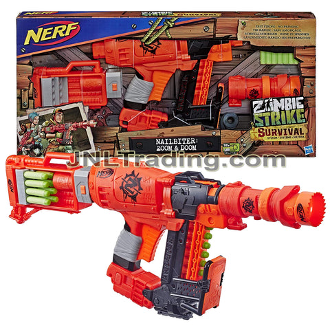 NERF Zombie Strike Survival Series NAILBITER: ZOOM & DOOM Blaster with Storage Stock, Barrel Extension and 16 Elite Darts