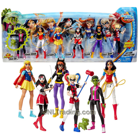 Year 2016 DC Super Hero Girls Action Collection Series 6 Inch Tall Figure Set - Beast Boy with Puppy, Wonder Woman with Lasso, Supergirl, Katana with Sword, Batgirl and Harley Quinn with Mallet