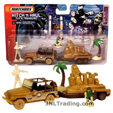 Matchbox Year 2005 Hitch 'N Haul Series 1:64 Scale Die Cast Metal Car Set - TUT'S TREASURE J4684 with Jeep Wrangler, Flatbed Trailer, Ancient Gold, Angry Mummy, Archaeologist and Palm Tree