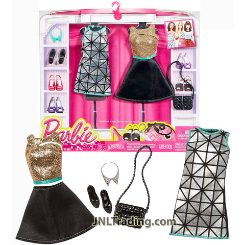 Year 2015 Barbie Fashionistas Series Fashion Pack - DATE NIGHT OUTFITS DMF54 with Silver Dress, Gold Bodice, Black Skirt, Shoes, Necklace and Purse