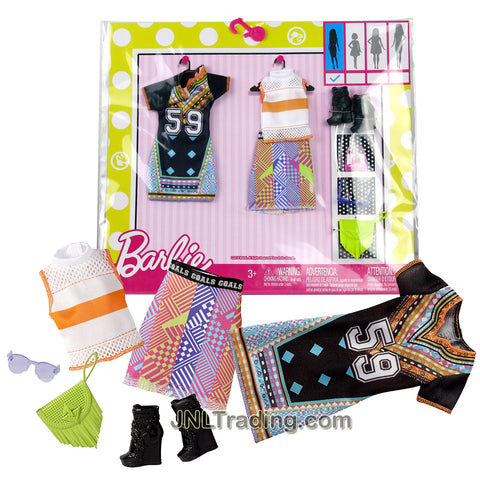Year 2016 Barbie Fashionistas Series Fashion Pack - COLLEGE DAY OUTFITS FBB78 with Black Dress, Sleeveless Tops, Skirts, Sunglasses, Purse and Boots