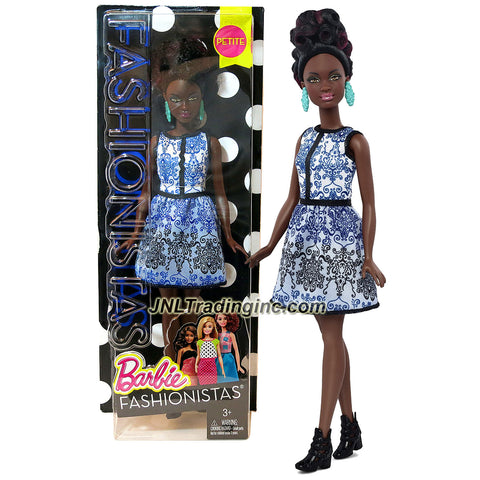 Mattel Year 2015 Barbie Fashionistas Series 12 Inch Doll - African American PETITE (DMF27) doll in Blue Brocade Dress with Earrings