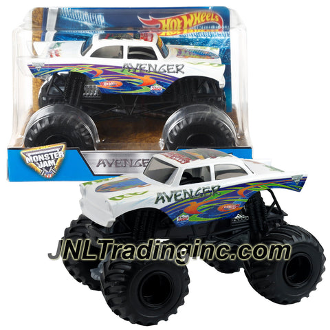 Hot Wheels Year 2016 Monster Jam 1:24 Scale Die Cast Monster Truck - White Color AVENGER with Monster Tires, Working Suspension and 4 Wheel Steering