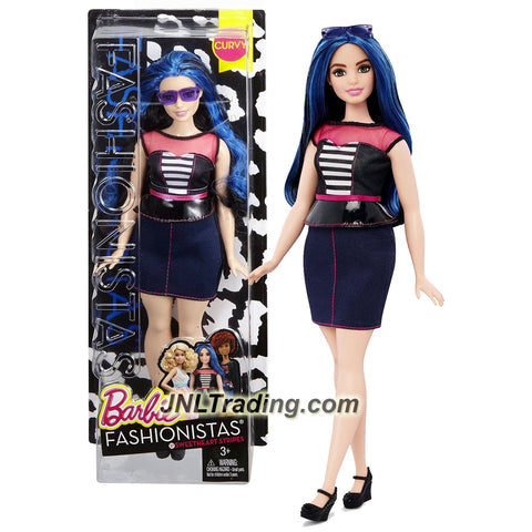 Mattel Year 2015 Barbie Fashionistas Series 12 Inch Doll - Curvy Brunette with Blue Streak Long Hair (DMF29) in Sweet Heart Stripes Top & Denim Skirt
