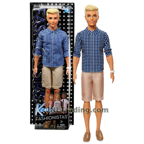 Barbie Year 2016 Ken Fashionistas Series 12 Inch Doll - Caucasian KEN FNH39 in Blue Preppy Check Shirt and Khakis Short with White Watch