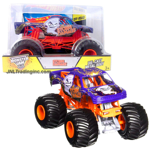 Hot Wheels Year 2014 Monster Jam 1:24 Scale Die Cast Metal Body Official Monster Truck Series #CCB24-0910 - STORM DAMAGE with Monster Tires, Working Suspension and 4 Wheel Steering (Dimension : 7" L x 5-1/2" W x 4-1/2" H)