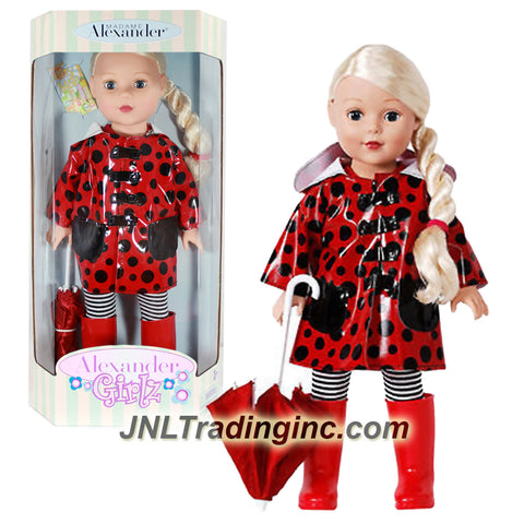 Madame Alexander Girlz Raincoat Series 18 Inch Doll Set - Caucasian Blonde Girl Doll in Red and Black Polka Dots Raincoat with Red Boot and Umbrella