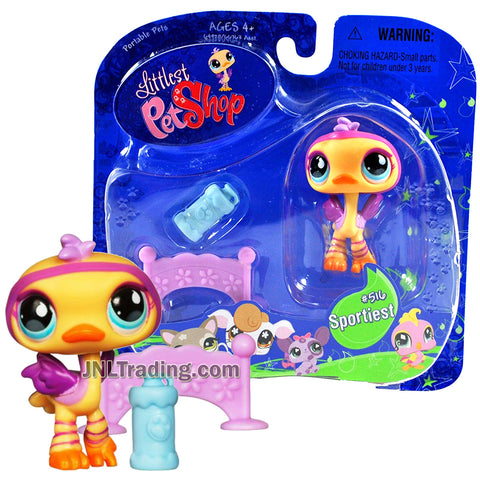 Year 2007 Littlest Pet Shop LPS Portable Pets Sportiest Series Bobble Head Figure - OSTRICH #516 with Hurdle, and Water Bottle