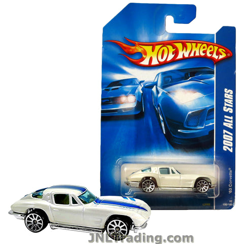 Hot Wheels Year 2007 All Stars Series 1:64 Scale Die Cast Car Set #150 - White Classic Sports Coupe '63 CORVETTE with Blue Stripes L3103