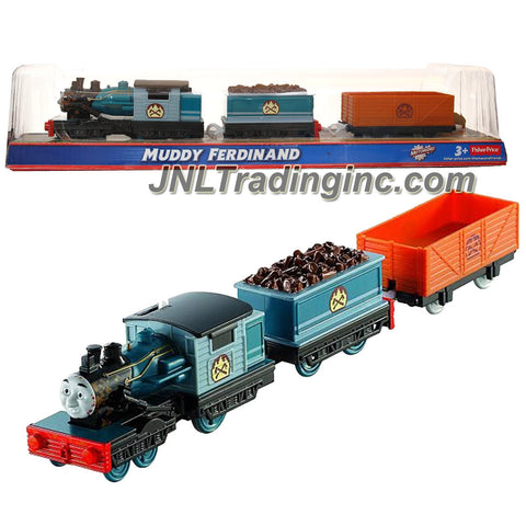 Fisher Price Year 2013 Thomas and Friends Greatest Moments Series Trackmaster Motorized Railway Battery Powered Tank Engine 3 Pack Train Set - MUDDY FERDINAND (BDP04) with "Wood" Loaded Car and Empty Freight Car