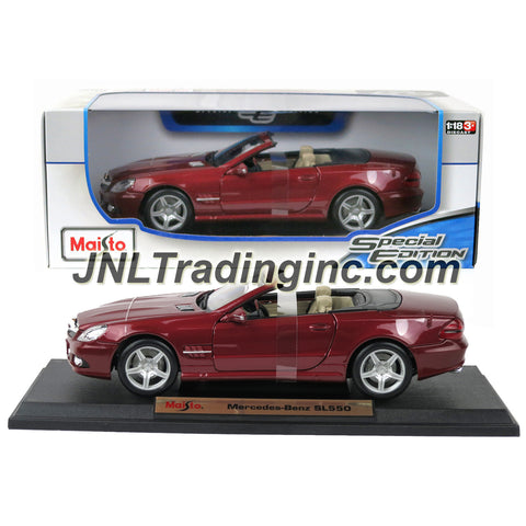 Maisto Special Edition Series 1:18 Scale Die Cast Car - Maroon Convertible Coupe MERCEDES BENZ SL550 with Base (Car Dimension: 9-1/2" x 4" x 3")
