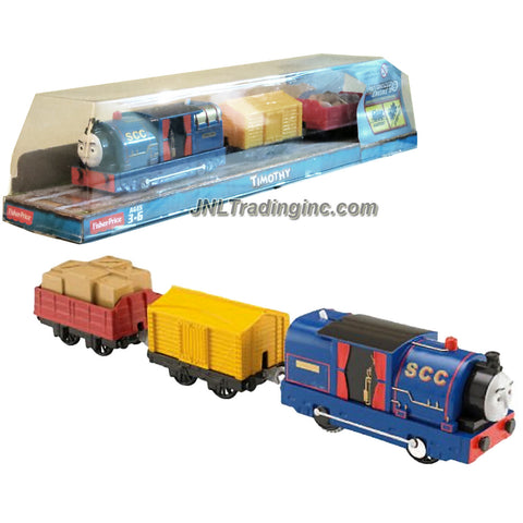 Fisher Price Year 2014 Thomas and Friends Trackmaster As Seen on DVD " Tale of the Brave" Enhanced Motorized Railway Battery Powered Engine 3 Pack Train Set - TIMOTHY the Blue Color Oil Burning Steam Locomotive with Yellow Caboose and "Stone Loaded" Red Car