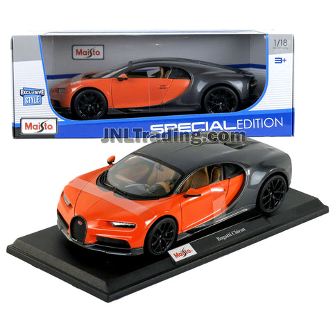 Maisto Special Edition Series 1:18 Scale Die Cast Car - Orange Black Luxury Super Sports Car Bugatti CHIRON w/Display Base (Car Dimension: 9-1/2" x 4-1/2" x 3")