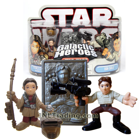 Star Wars Year 2007 Galactic Heroes Series 2 Pack 2 Inch Tall Mini Figure - PRINCESS LEIA in Boushh Disguise with Spear and Helmet Plus HAN SOLO with Blaster and Carbonite Block