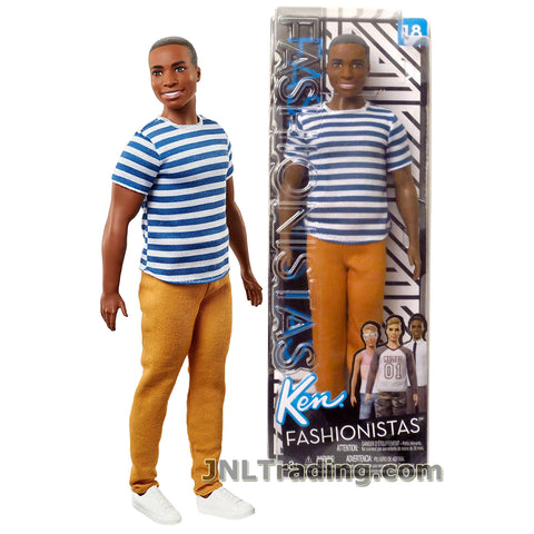 Barbie Year 2017 Fashionistas Series 12 Inch Doll #18 - Muscular African American KEN FNT86 in Blue and White Super Stripes Shirt and Gold Brown Pants