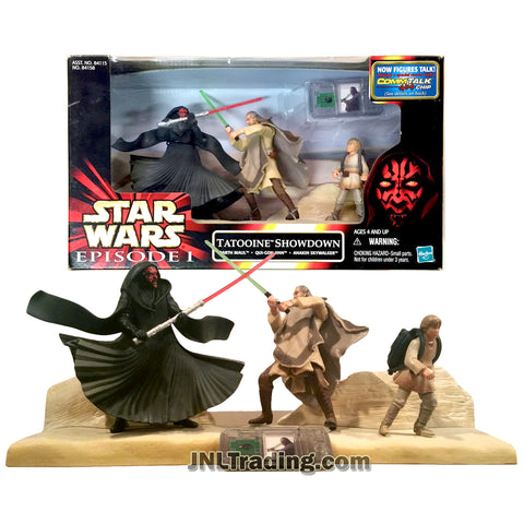 Star Wars Year 1999 Episode 1 The Phantom Menace Series 4 Inch Tall Figure Set - TATOOINE SHOWDOWN with Darth Maul, Qui-Gon Jinn and Anakin Skywalker Plus CommTech Chip and Display Base