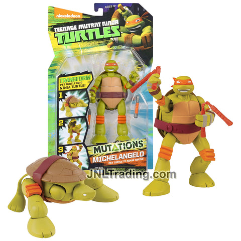 Year 2014 Teenage Mutant Ninja Turtles TMNT Mutations Series 6 Inch Tall Figure - Pet Turtle to Ninja Turtle MICHELANGELO with Pair of Nunchucks