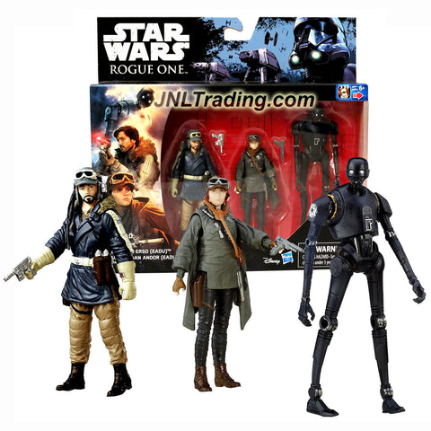 Hasbro Year 2016 Star Wars Movie Rogue One 3 Pack 4 Inch Tall Figure Set - SERGEANT JYN ERSO (EADU), CAPTAIN CASSIAN ANDOR (EADU) and K-2SO Plus 2 Blasters