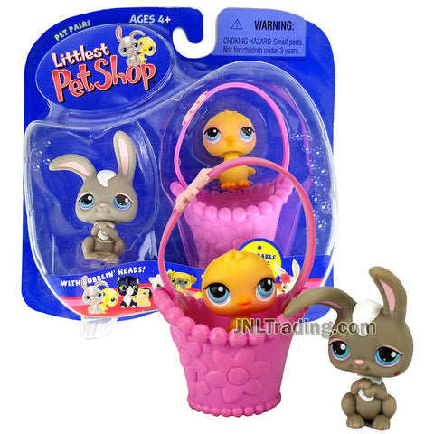 Year 2004 Littlest Pet Shop LPS Pet Pairs Series Bobble Head Figure - Bunny Rabbit and Little Chick with Adorable Spring Basket