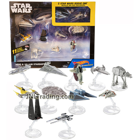 Year 2016 HW Star Wars Die Cast HERO & VILLAIN STARSHIPS w/ Millennium Falcon, Command Shuttle, Star Destroyer, Mon Calamari Cruiser, AT-AT, Snowspeeder, Naboo Starfighter, Sith Infiltrator, Boba Fett's Slave I Plus Rogue One Tie Striker & U-Wing Fighter