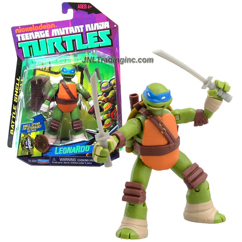 Playmates Year 2013 Nickelodeon Teenage Mutant Ninja Turtles Battle Shell Series 5 Inch Tall Action Figure - LEONARDO with Shell that Pops Open for Weapon Storage Plus 2 Katana Swords, 2 Throwing Knives and 2 Shuriken Stars
