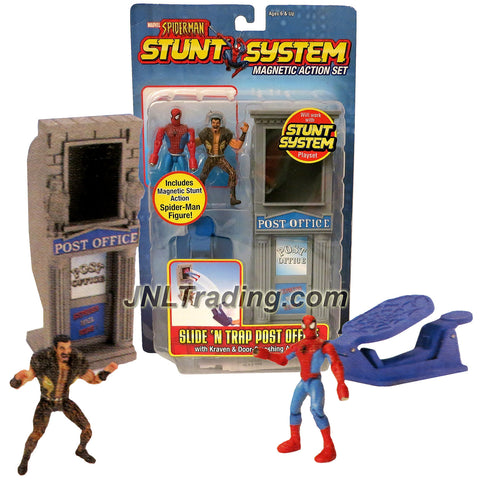 ToyBiz Year 2005 Marvel Spider-Man Stunt System Magnetic Action 3 Inch Tall Figure Set - SLIDE 'N TRAP POST OFFICE with Spider-Man, Kraven and Smashing Door Action