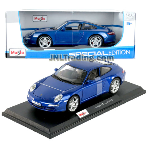 Maisto Special Edition Series 1:18 Scale Die Cast Car Set - Blue High Performance Sports Car PORSCHE 911 CARRERA S with Display Base (Dimension: 9" x 4" x 3")