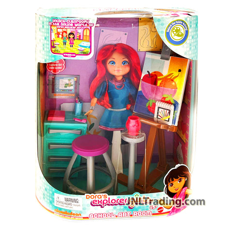 Year 2009 Dora's Explorer Girls Furniture Set SCHOOL ART ROOM with Diorama, Easel, Canvas, Stool, Pottery Wheel, Pot, Art Caddy, Pallet and Notebook