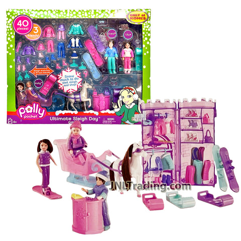 Year 2006 Polly Pocket ULTIMATE SLEIGH DAY GIFTSET with Polly, Lila and Drew Doll Plus Horse, Sleigh, Surfboard, Outfits & Many More Accessories