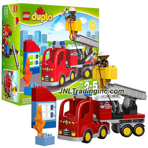Lego Year 2015 Duplo Town Series Set #10592 - FIRE TRUCK with Moving Crane, Retractable Hose, Building, Flame & Firefighter Figure (Total Pieces: 26)