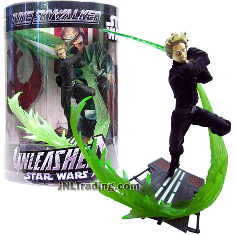 Star Wars Year 2006 Unleashed Series 7 Inch Tall Figure - Jedi Knight LUKE SKYWALKER in Black Outfit with Green Lightsaber and Diorama Display Base