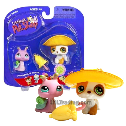 Year 2006 Littlest Pet Shop LPS Pet Pairs Series Bobble Head Figure - Snail #128 and Jack Russel Terrier #127 Puppy Dog with Hat and Umbrella