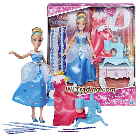 Hasbro Year 2015 Disney Princess Series 12 Inch Doll Set - CINDERELLA'S STAMP 'N DESIGN STUDIO with Cinderella, Sew Machine Stamper, Gems and Stickers