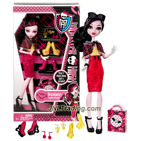 Mattel Year 2013 Monster High "Aren't These Shoes Just a Scream?" Series 11 Inch Doll Set - DRACULAURA "Daughter of Dracula" with 3 Pair of Shoes, 2 Pair of Earrings, Sunglasses, Shopping Bag and Doll Stand