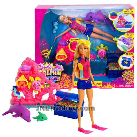 Barbie Year 2016 Dolphin Magic Series 12 Inch Doll Set - OCEAN TREASURE PLAYSET FCJ29 with Barbie Doll, Dolphins, Turtle, Seahorse, Hermit Crab, Chest and Corals