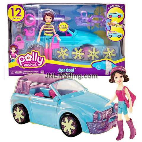 Year 2006 Polly Pocket Blue CAR COOL CRUISERS with Lila Doll, Wheel Covers, Bumper, Top Cover, Purse and Outfit