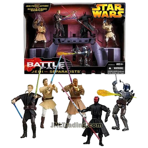 Star Wars Year 2005 Battle Packs Series 4 Inch Tall Figure Set - JEDI vs SEPARATISTS with Mace Windu, Anakin Skywalker, Darth Maul, Obi-Wan Kenobi and Jango Fett