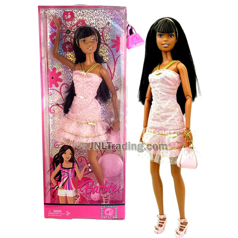 Year 2007 Barbie Fashion Fever Series 12 Inch Doll Set - NIKKI L9540 in Pink Lace Layer Dress with Pink Hairband, Purse and Hairbrush