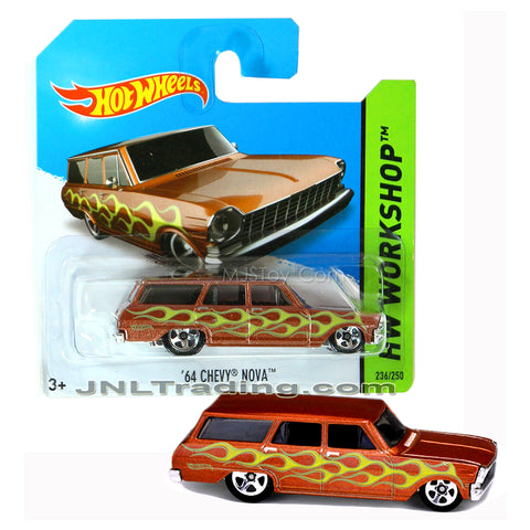 Year 2013 Hot Wheels HW Workshop Series 1:64 Scale Die Cast Car Set - Brown Classic Station Wagon '64 CHEVY NOVA with Flame Decor