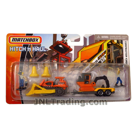 Matchbox Year 2007 Hitch 'N Haul Series 1:64 Scale Die Cast Metal Car Set - CONSTRUCTION KINGS! M9615 with Ground Breaker, Excavator, Trailer, 2 Safety Cones and 2 Construction Workers