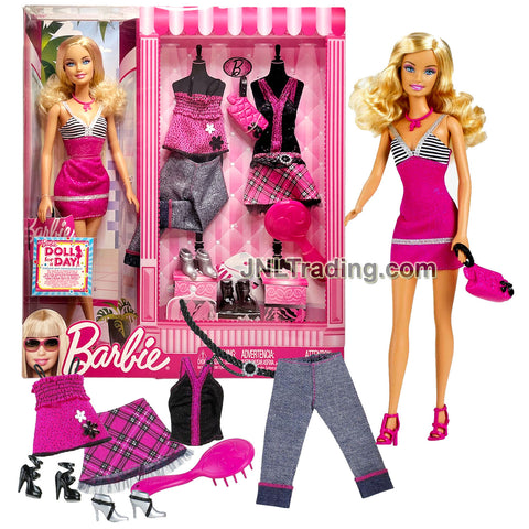 Year 2009 Barbie Fashionistas 12" Doll Set - Caucasian Model T1880 in Pink Dress with Necklace, Purse and Shoes Plus Extra Outfits, Shoes & Hairbrush