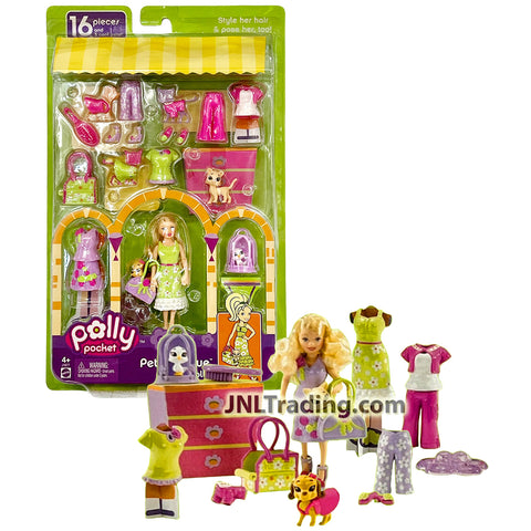 Year 2005 Polly Pocket PET BOUTIQUE with Polly Doll, Dog, Cat, Bird, Birdcage, Pet Purse, Outfits, Hairbrush Plus More Accessories
