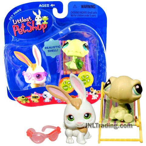 Year 2006 Littlest Pet Shop LPS Pet Pairs Series - White Bunny #322 and Turtle #321 with Sunglasses and Beach Chair