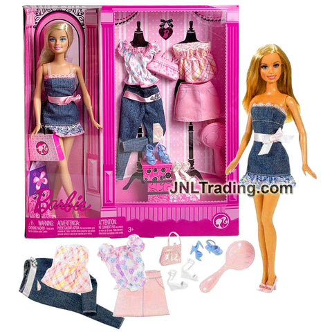 Year 2008 Barbie Fashion Series 12 Inch Doll Set - Caucasian Model P1709 in Denim Dress with Extra Outfits, Purse, Shoes and Hairbrush