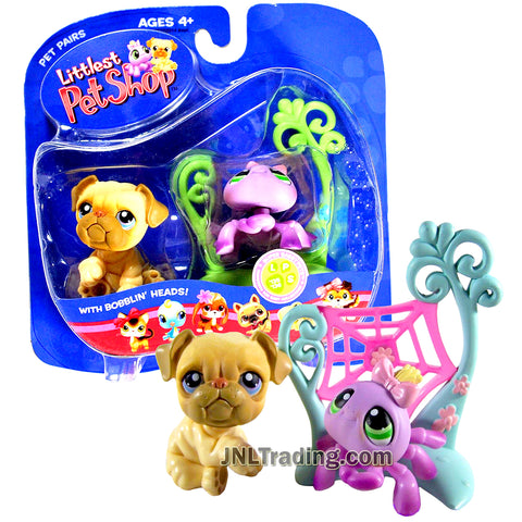 Year 2006 Littlest Pet Shop LPS Pairs Bobble Head Figure - Bulldog #135 and Spider #136 with Cobweb