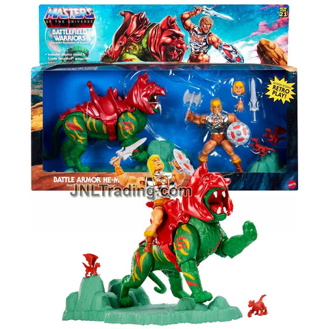 Year 2021 Masters of the Universe Battlefield Warriors Set - BATTLE ARMOR HE-MAN and BATTLE CAT with Gargoyles, Sword, Axe and Display Base