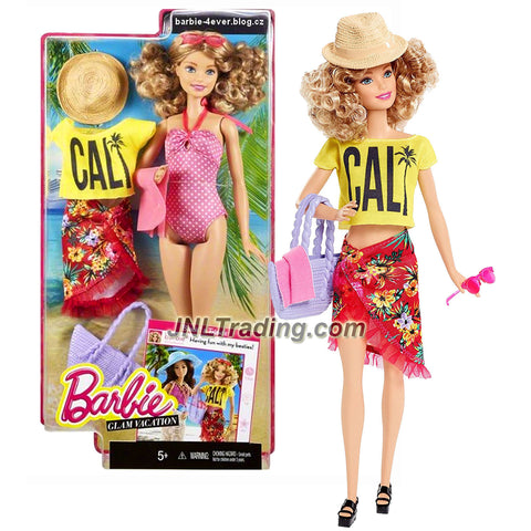 Mattel Year 2015 Barbie Glam Vacation 12 Inch Doll - BARBIE DGY74 in Swimsuit with Cali Tops, Floral Swim Cover, Sunglass, Beach Hat, Towel and Purse