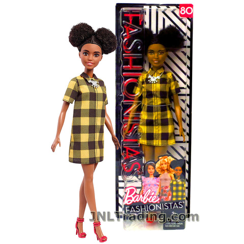 Barbie Year 2017 Fashionistas Series 10 Inch Doll #80 - Petite African American BARBIE FJF45 in Yellow & Black Cheerful Check Dress with Necklace
