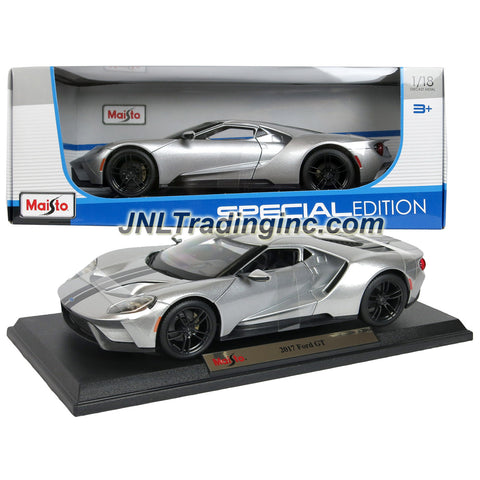 Maisto Special Edition Series 1:18 Scale Die Cast Car - Silver Sports Coupe 2017 FORD GT with Gull Wing Doors & Racing Stripe Plus Display Base