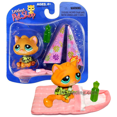 Year 2006 Littlest Pet Shop LPS Single Pack Series Bobble Head Figure Set - Tabby Cat with Bandana, Sleeping Bag, Water Bottle and Tent
